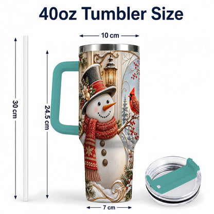 #pl[40oz|Green] Elegant Snowman 40oz Tumbler with Handle, Cardinal Winter Travel Cup