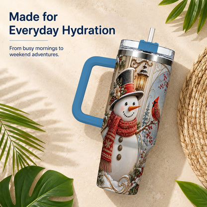 #pl[40oz|Blue] Elegant Snowman 40oz Tumbler with Handle, Cardinal Winter Travel Cup