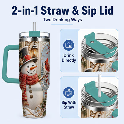 #pl[40oz|Green] Elegant Snowman 40oz Tumbler with Handle, Cardinal Winter Travel Cup