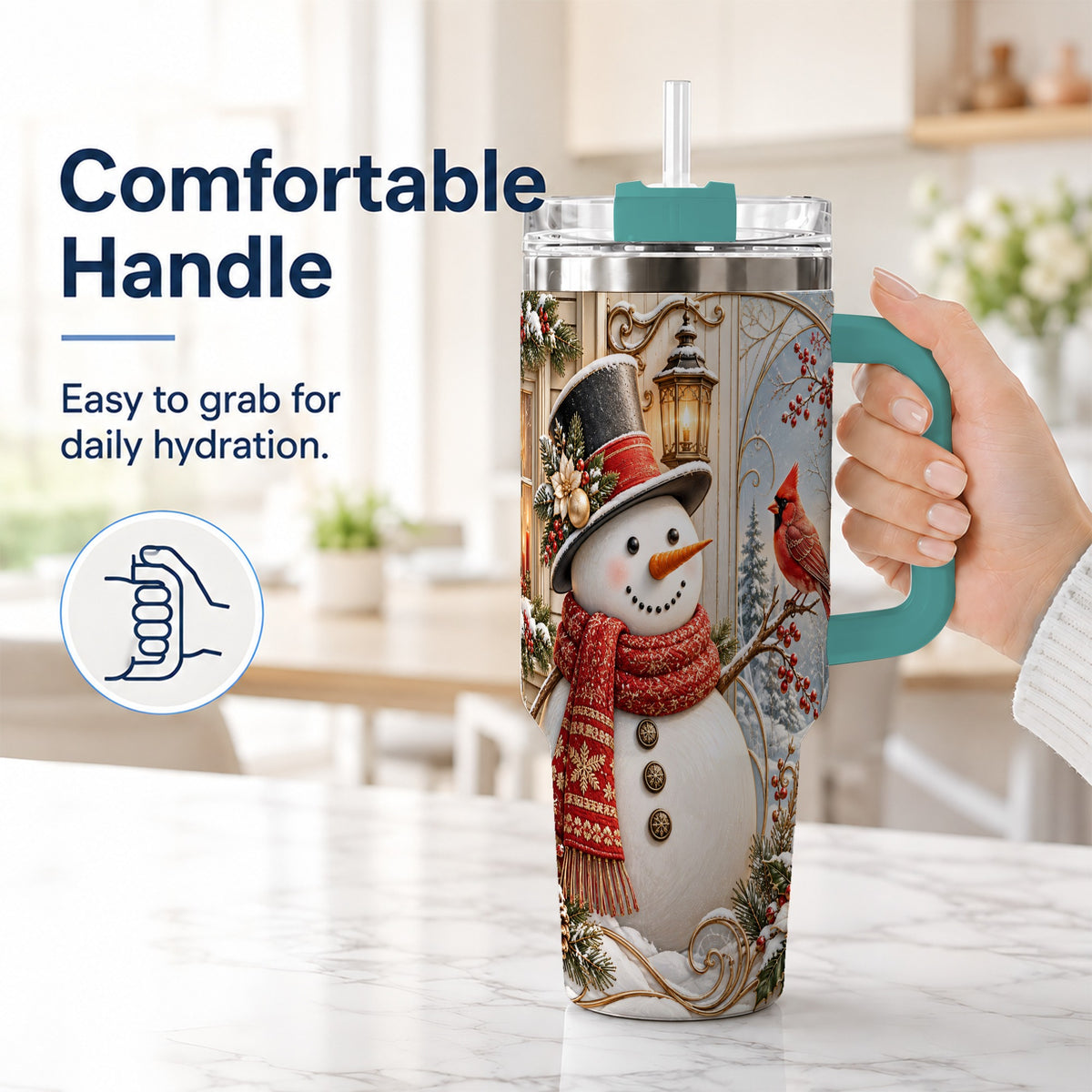 #pl[40oz|Green] Elegant Snowman 40oz Tumbler with Handle, Cardinal Winter Travel Cup
