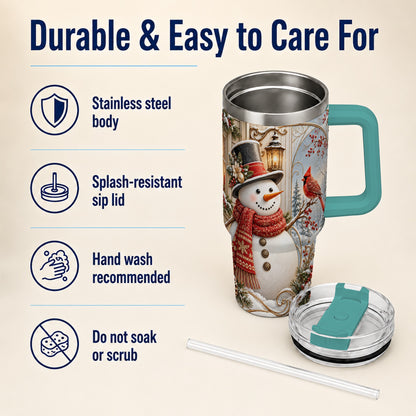 #pl[40oz|Green] Elegant Snowman 40oz Tumbler with Handle, Cardinal Winter Travel Cup