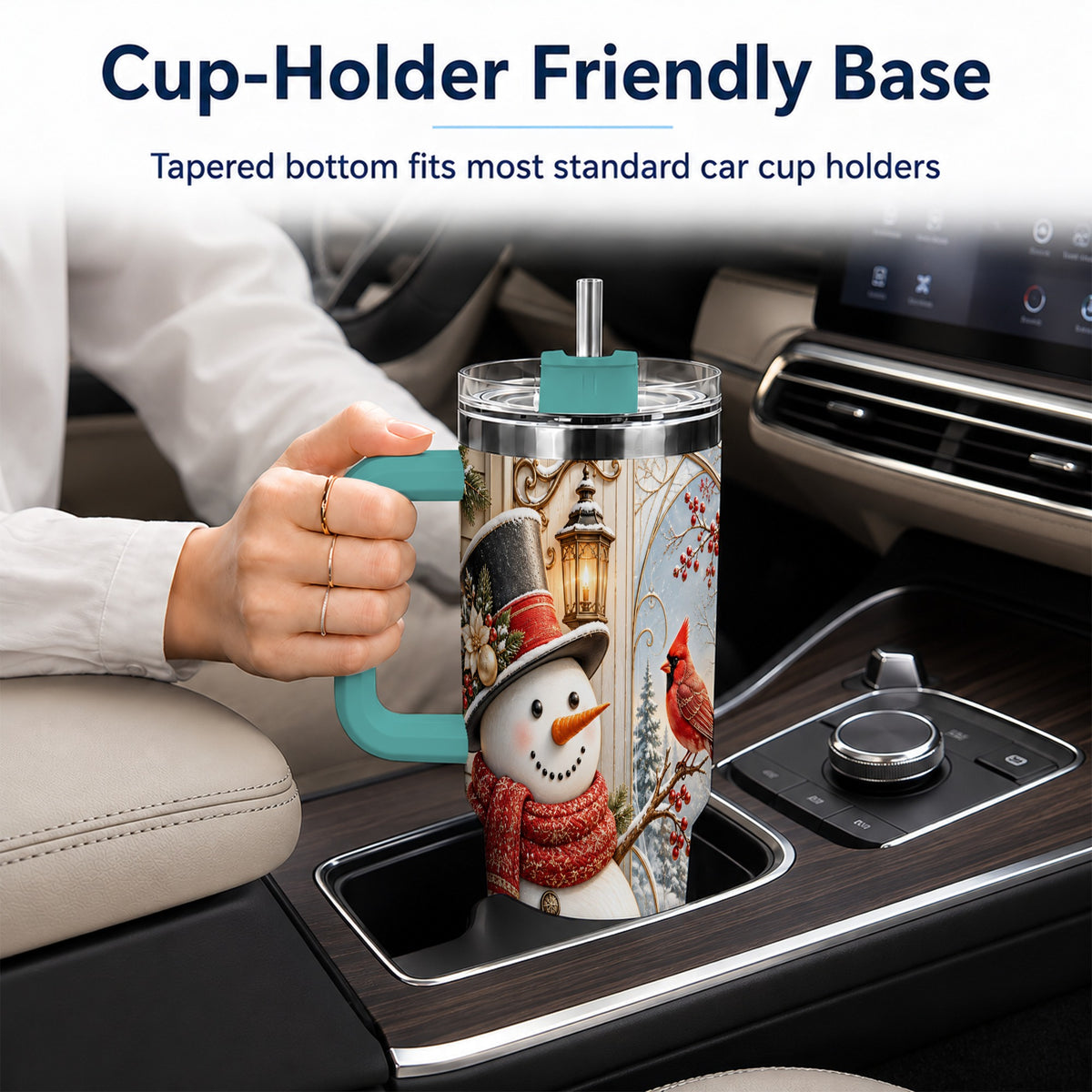 #pl[40oz|Green] Elegant Snowman 40oz Tumbler with Handle, Cardinal Winter Travel Cup