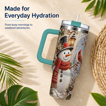 #pl[40oz|Green] Elegant Snowman 40oz Tumbler with Handle, Cardinal Winter Travel Cup