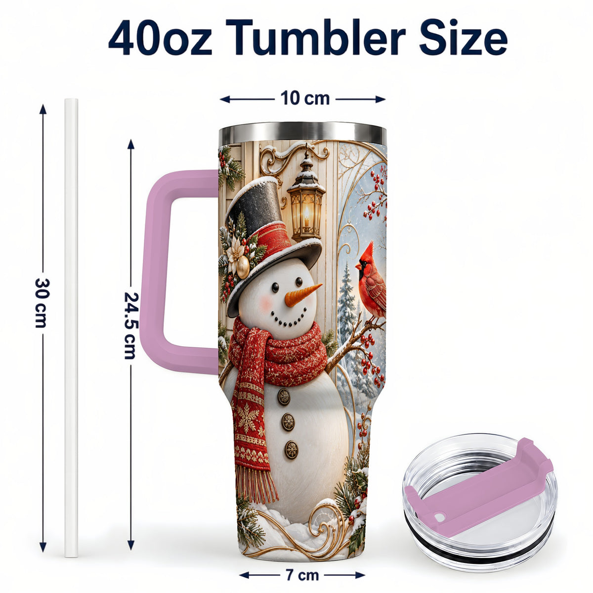 #pl[40oz|Pink] Elegant Snowman 40oz Tumbler with Handle, Cardinal Winter Travel Cup