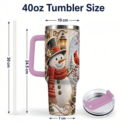 #pl[40oz|Pink] Elegant Snowman 40oz Tumbler with Handle, Cardinal Winter Travel Cup