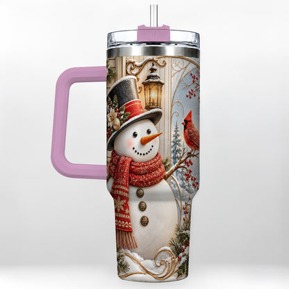 #pl[40oz|Pink] Elegant Snowman 40oz Tumbler with Handle, Cardinal Winter Travel Cup