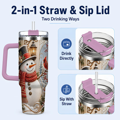#pl[40oz|Pink] Elegant Snowman 40oz Tumbler with Handle, Cardinal Winter Travel Cup