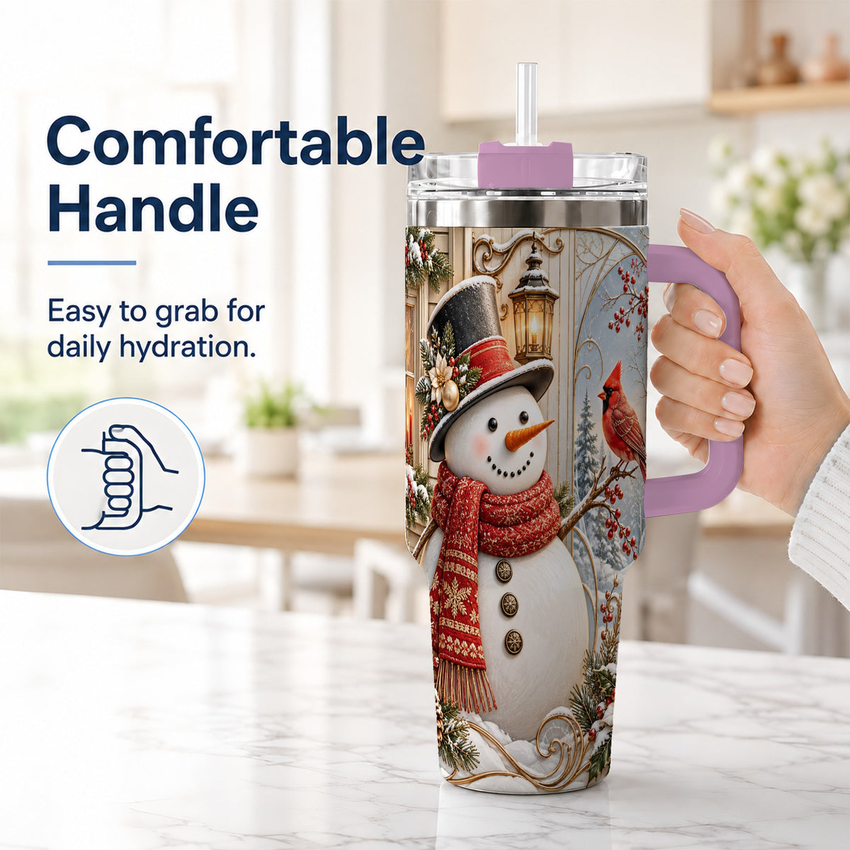 #pl[40oz|Pink] Elegant Snowman 40oz Tumbler with Handle, Cardinal Winter Travel Cup
