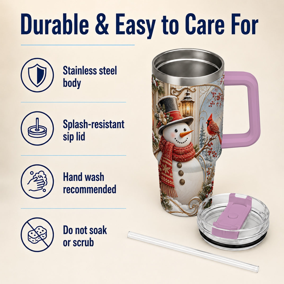 #pl[40oz|Pink] Elegant Snowman 40oz Tumbler with Handle, Cardinal Winter Travel Cup