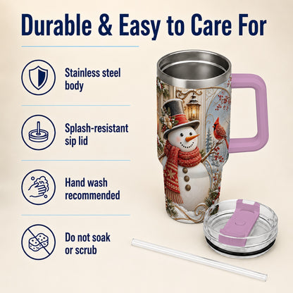 #pl[40oz|Pink] Elegant Snowman 40oz Tumbler with Handle, Cardinal Winter Travel Cup