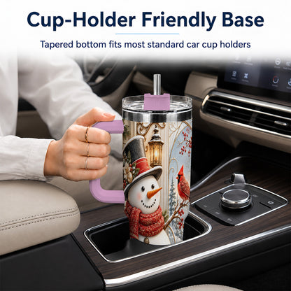 #pl[40oz|Pink] Elegant Snowman 40oz Tumbler with Handle, Cardinal Winter Travel Cup