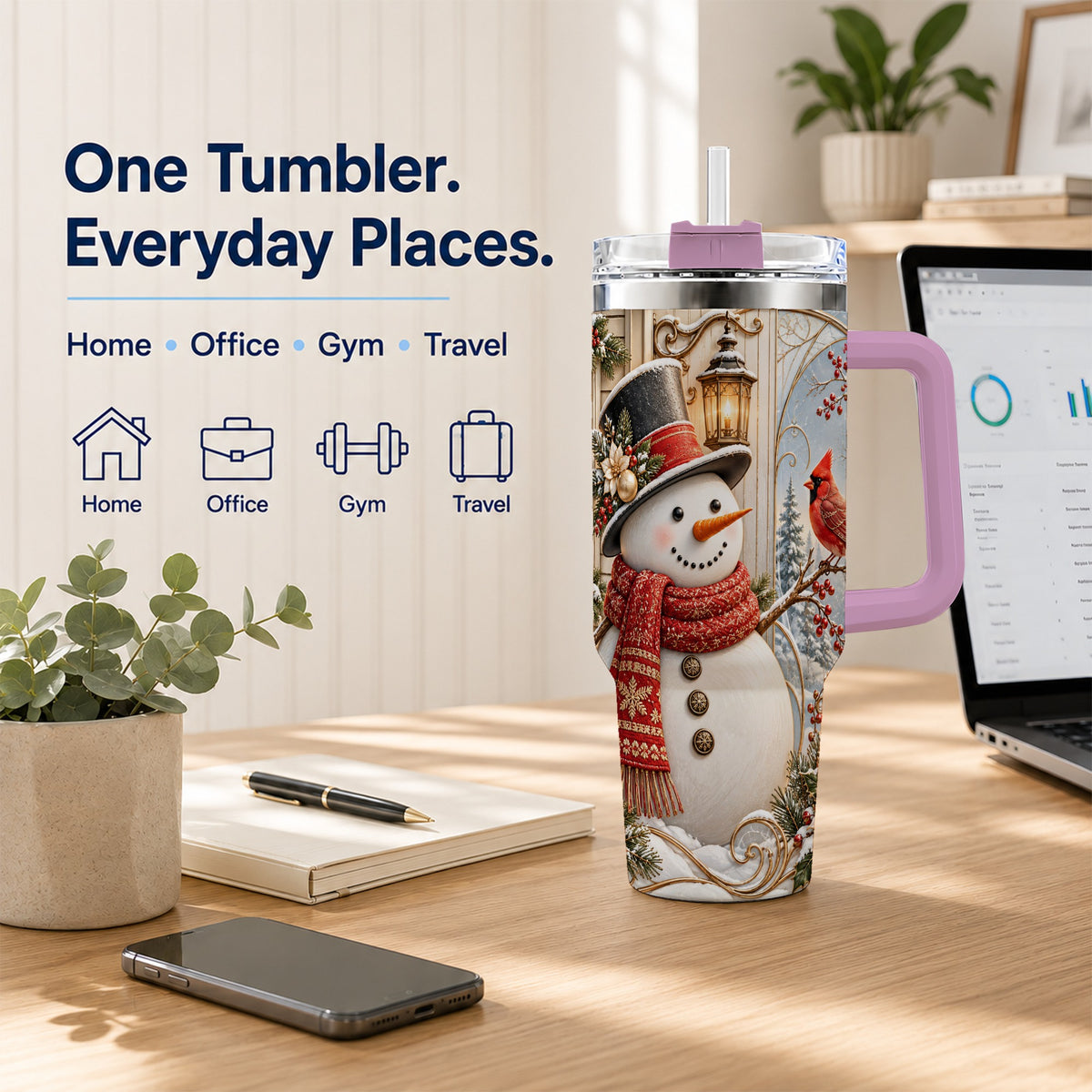 #pl[40oz|Pink] Elegant Snowman 40oz Tumbler with Handle, Cardinal Winter Travel Cup
