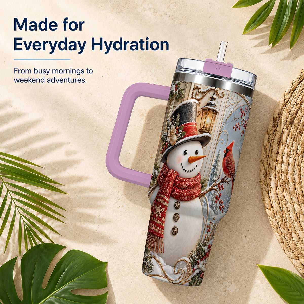 #pl[40oz|Pink] Elegant Snowman 40oz Tumbler with Handle, Cardinal Winter Travel Cup