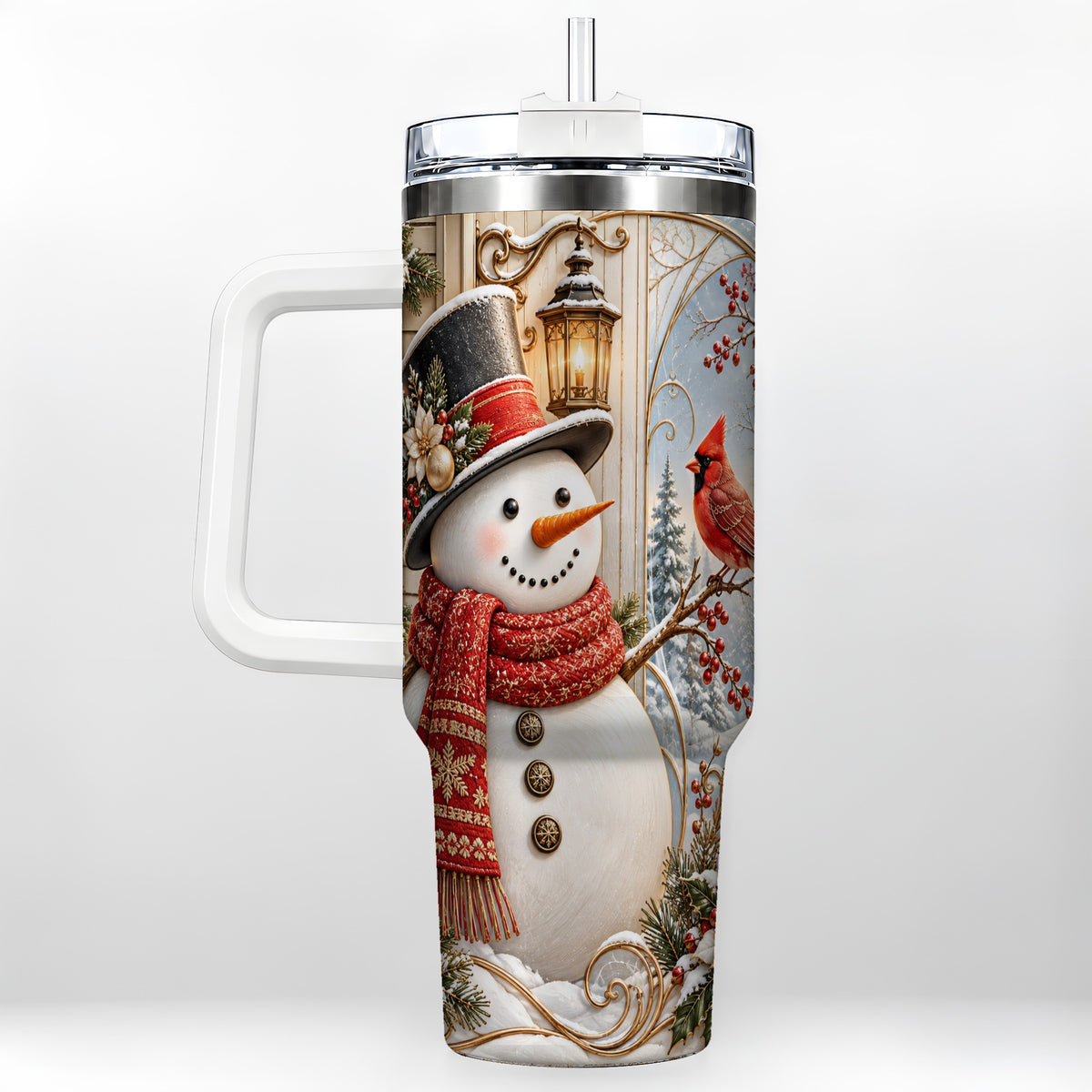 Elegant Snowman 40oz Tumbler with Handle, Cardinal Winter Travel Cup