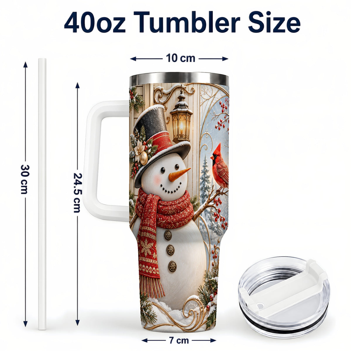 #pl[40oz|White] Elegant Snowman 40oz Tumbler with Handle, Cardinal Winter Travel Cup