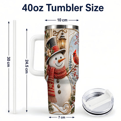 #pl[40oz|White] Elegant Snowman 40oz Tumbler with Handle, Cardinal Winter Travel Cup