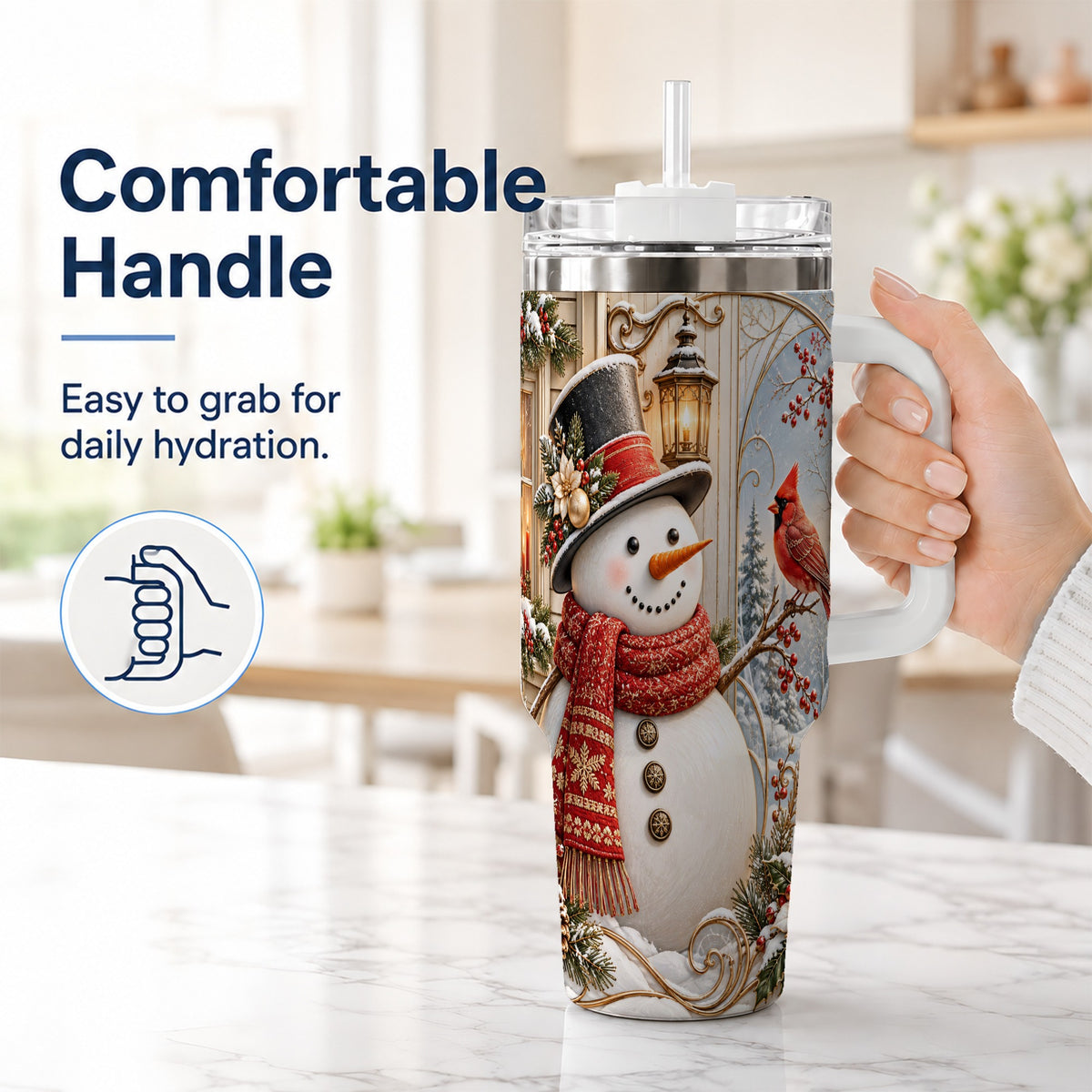 #pl[40oz|White] Elegant Snowman 40oz Tumbler with Handle, Cardinal Winter Travel Cup