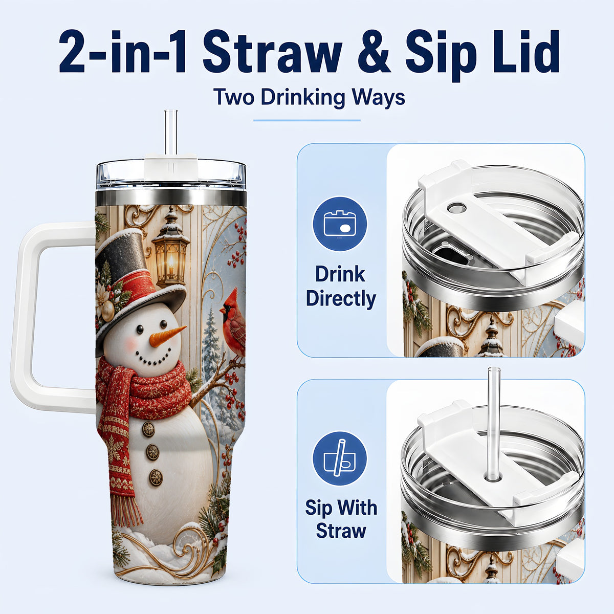 #pl[40oz|White] Elegant Snowman 40oz Tumbler with Handle, Cardinal Winter Travel Cup