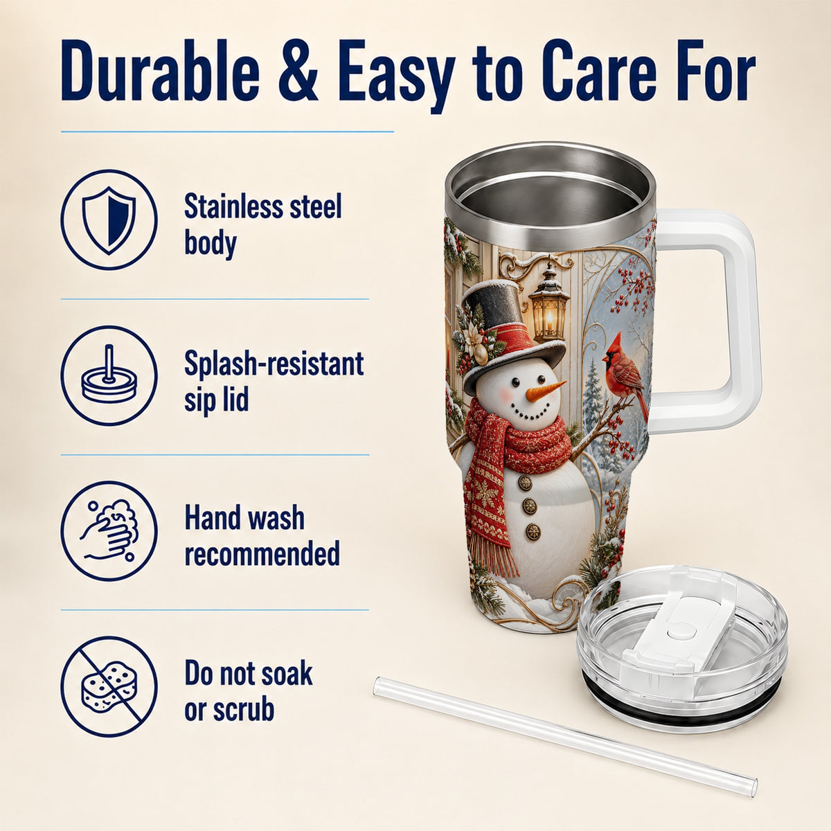 #pl[40oz|White] Elegant Snowman 40oz Tumbler with Handle, Cardinal Winter Travel Cup