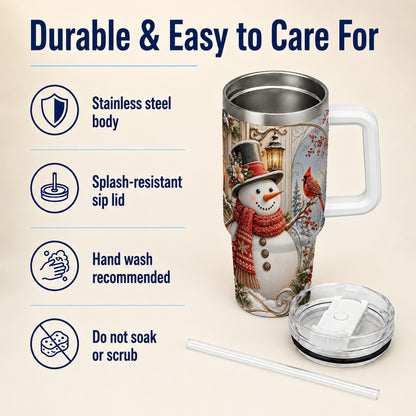 #pl[40oz|White] Elegant Snowman 40oz Tumbler with Handle, Cardinal Winter Travel Cup