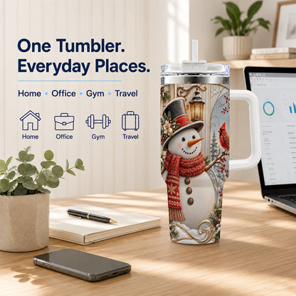 #pl[40oz|White] Elegant Snowman 40oz Tumbler with Handle, Cardinal Winter Travel Cup