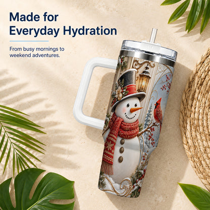 #pl[40oz|White] Elegant Snowman 40oz Tumbler with Handle, Cardinal Winter Travel Cup