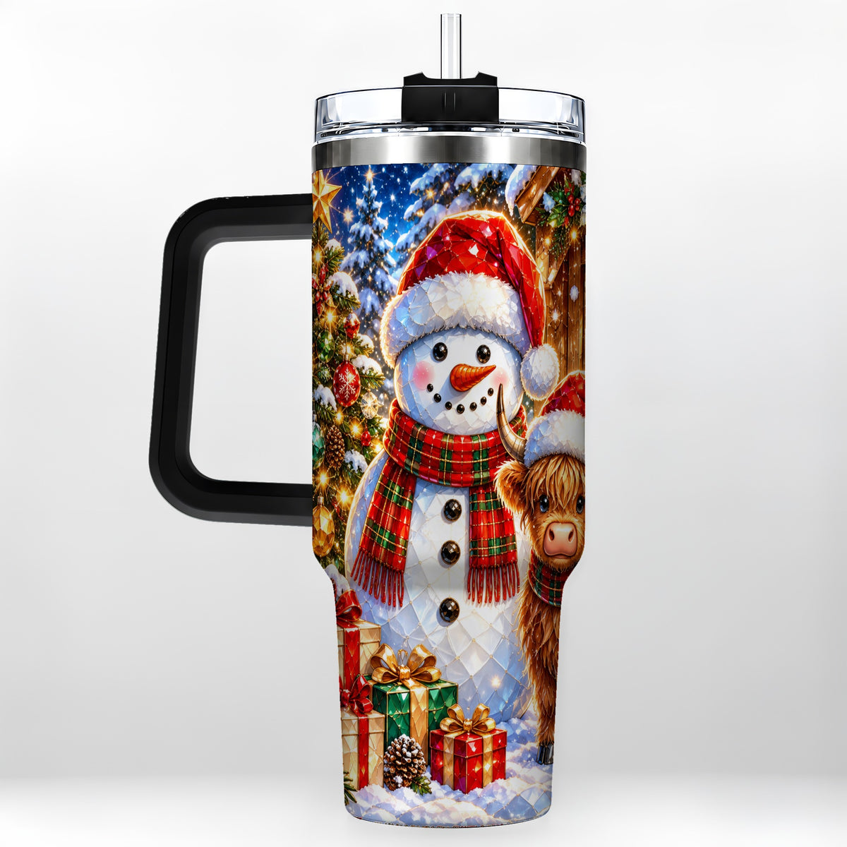 #pl[40oz|Black] Highland Cow Snowman 40oz Tumbler with Handle, Christmas Travel Cup