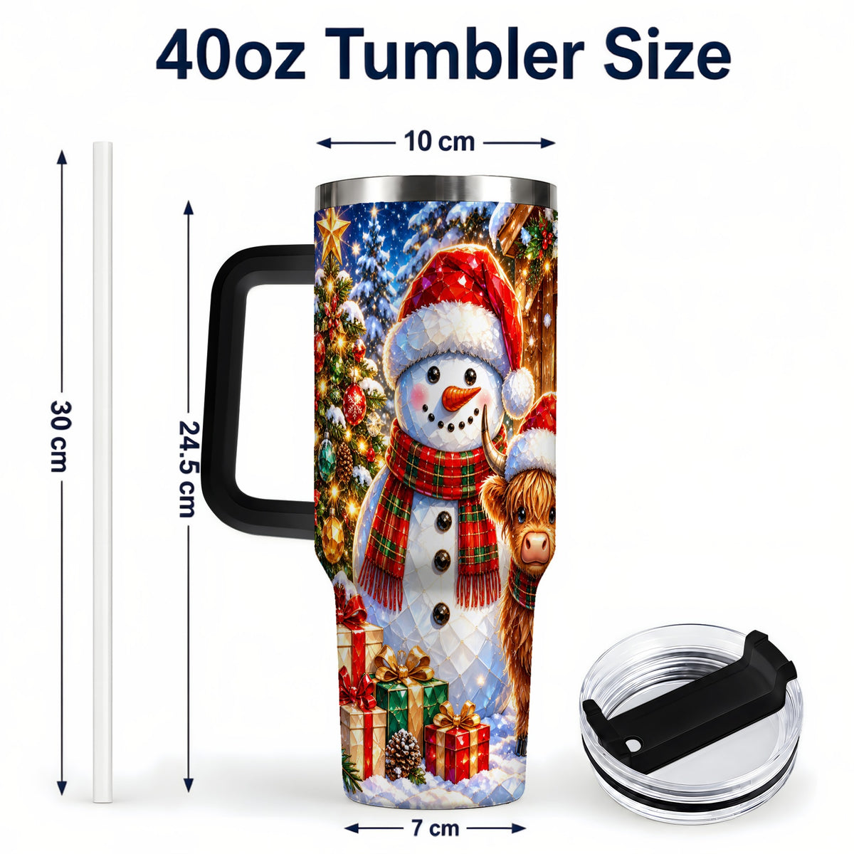 #pl[40oz|Black] Highland Cow Snowman 40oz Tumbler with Handle, Christmas Travel Cup