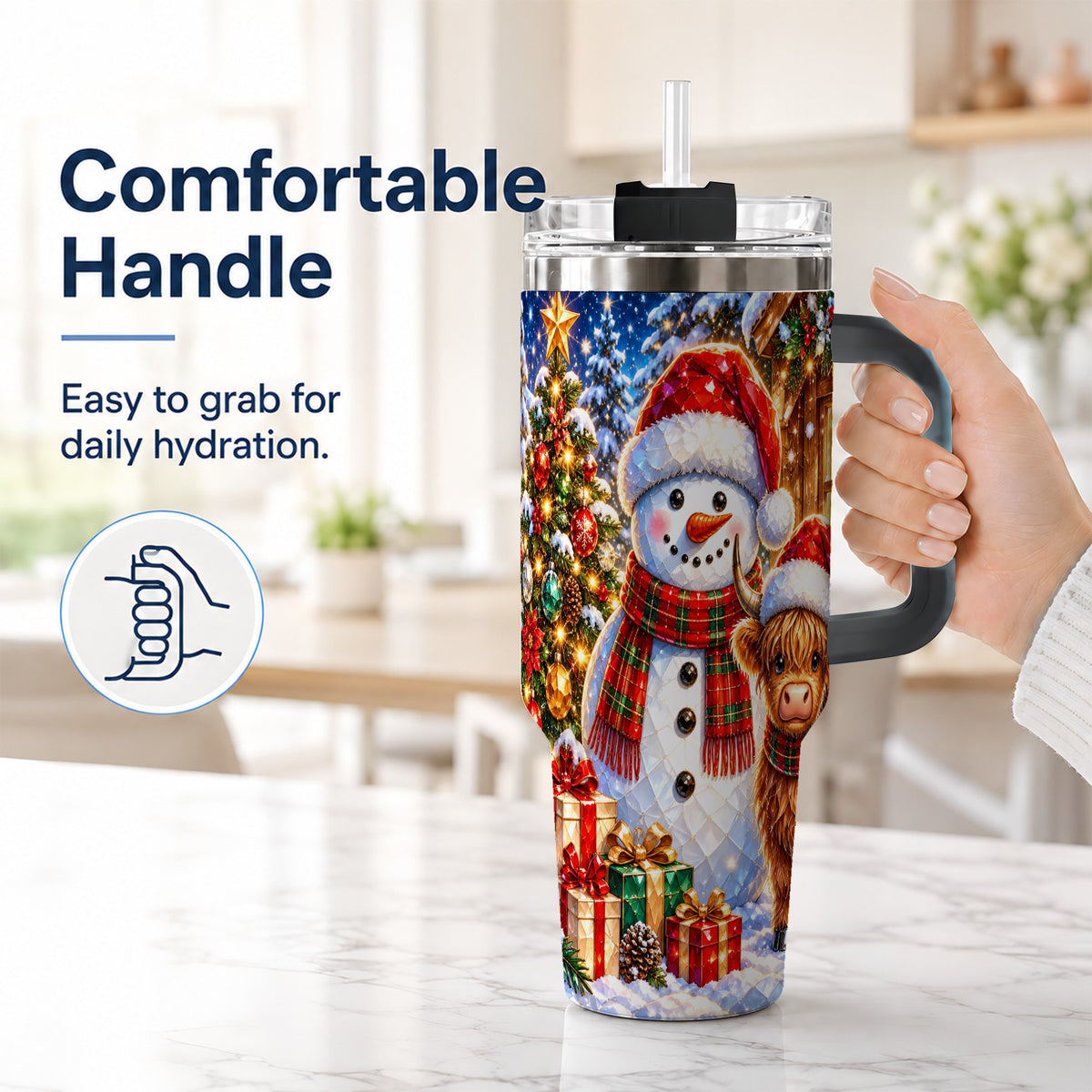 #pl[40oz|Black] Highland Cow Snowman 40oz Tumbler with Handle, Christmas Travel Cup