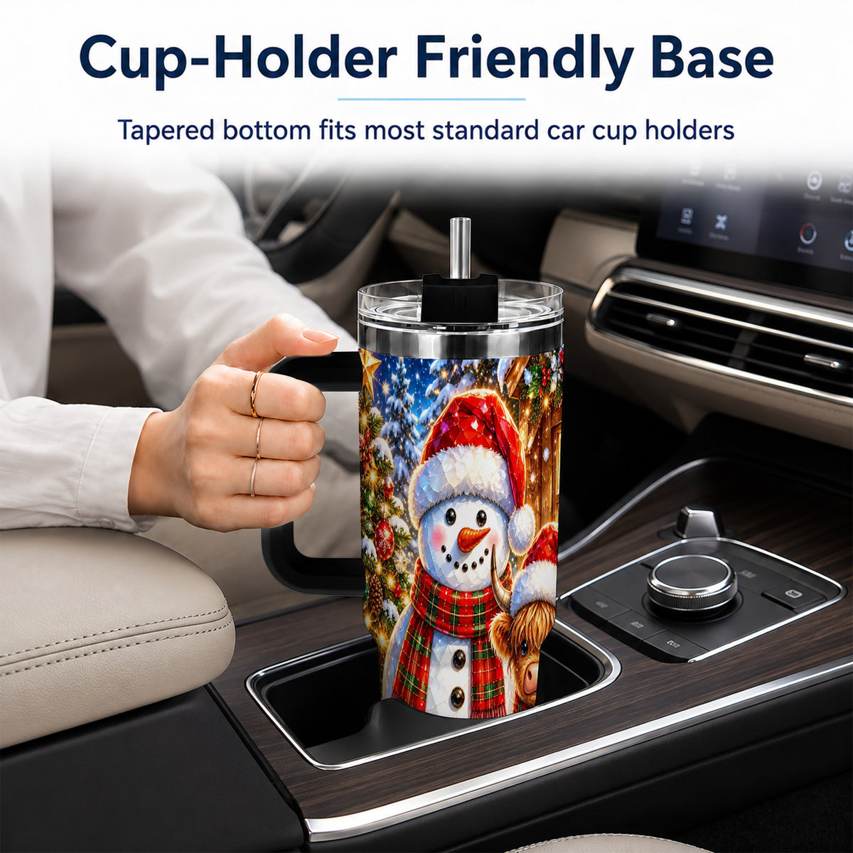 #pl[40oz|Black] Highland Cow Snowman 40oz Tumbler with Handle, Christmas Travel Cup