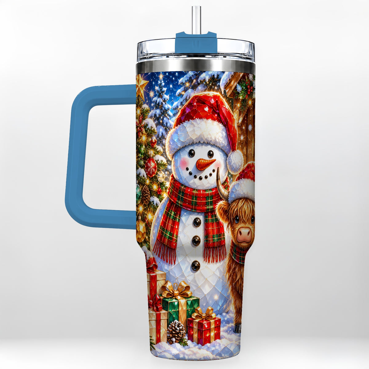 #pl[40oz|Blue] Highland Cow Snowman 40oz Tumbler with Handle, Christmas Travel Cup