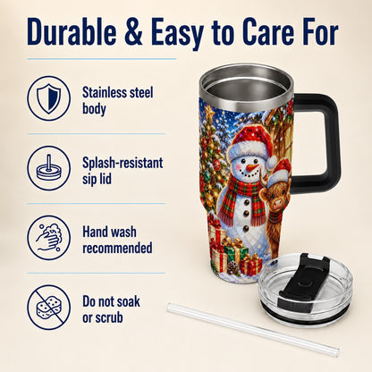 #pl[40oz|Black] Highland Cow Snowman 40oz Tumbler with Handle, Christmas Travel Cup