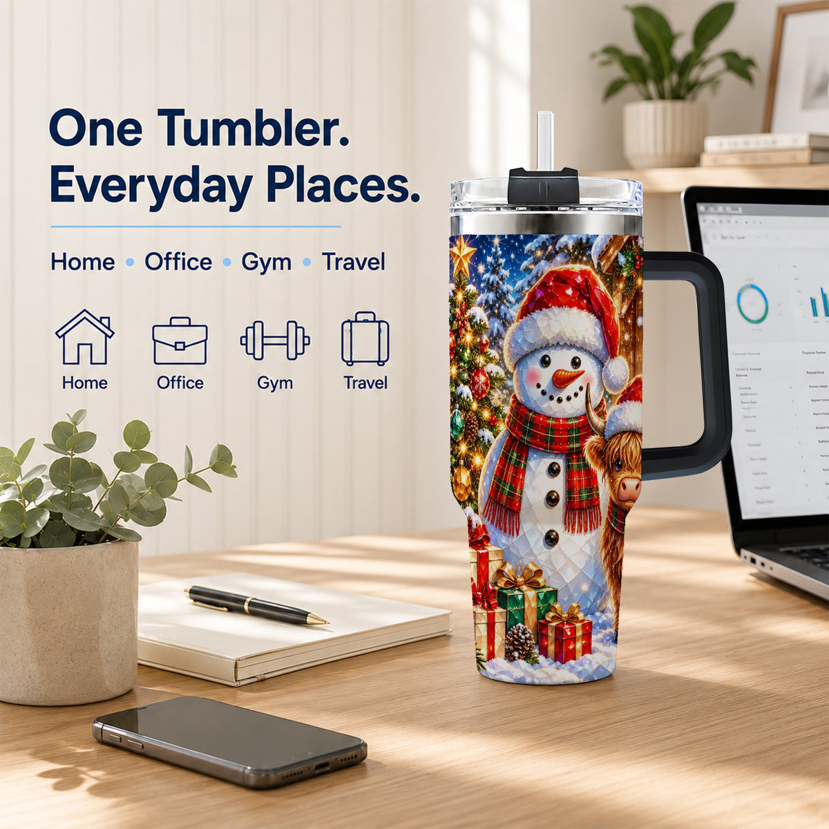 #pl[40oz|Black] Highland Cow Snowman 40oz Tumbler with Handle, Christmas Travel Cup