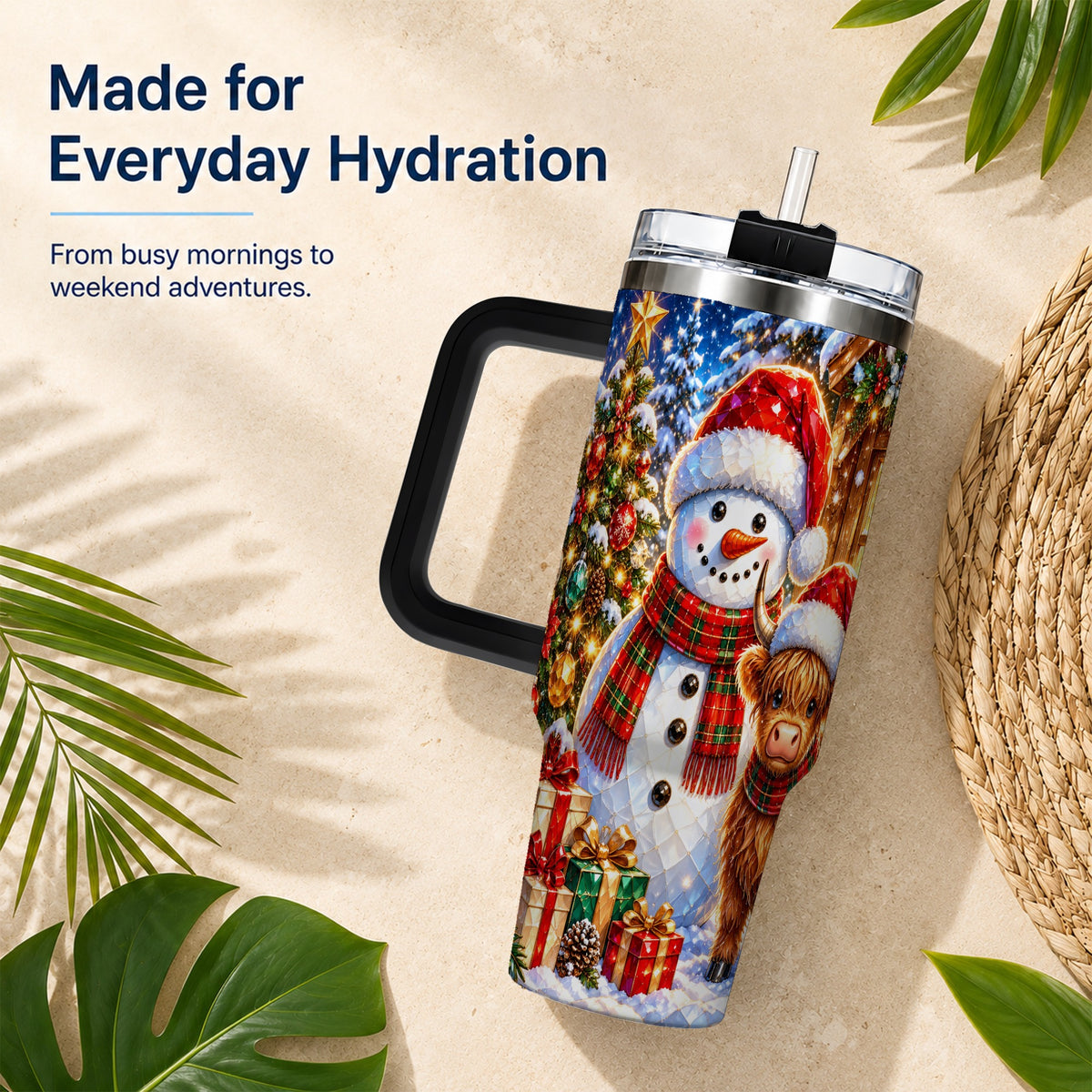 #pl[40oz|Black] Highland Cow Snowman 40oz Tumbler with Handle, Christmas Travel Cup
