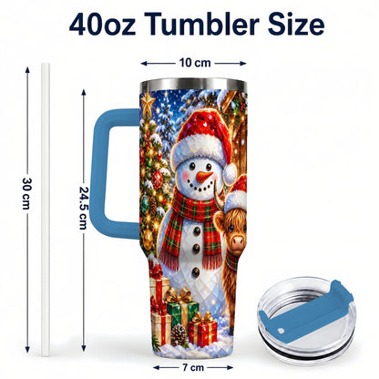 #pl[40oz|Blue] Highland Cow Snowman 40oz Tumbler with Handle, Christmas Travel Cup