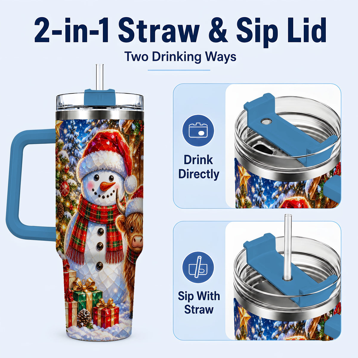 #pl[40oz|Blue] Highland Cow Snowman 40oz Tumbler with Handle, Christmas Travel Cup