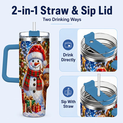 #pl[40oz|Blue] Highland Cow Snowman 40oz Tumbler with Handle, Christmas Travel Cup