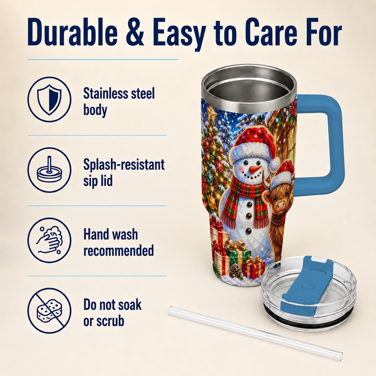 #pl[40oz|Blue] Highland Cow Snowman 40oz Tumbler with Handle, Christmas Travel Cup