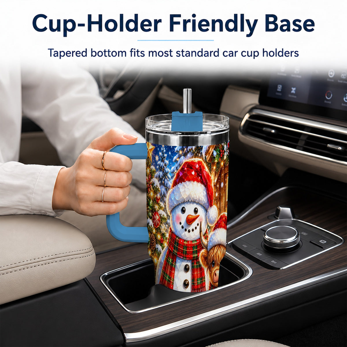 #pl[40oz|Blue] Highland Cow Snowman 40oz Tumbler with Handle, Christmas Travel Cup