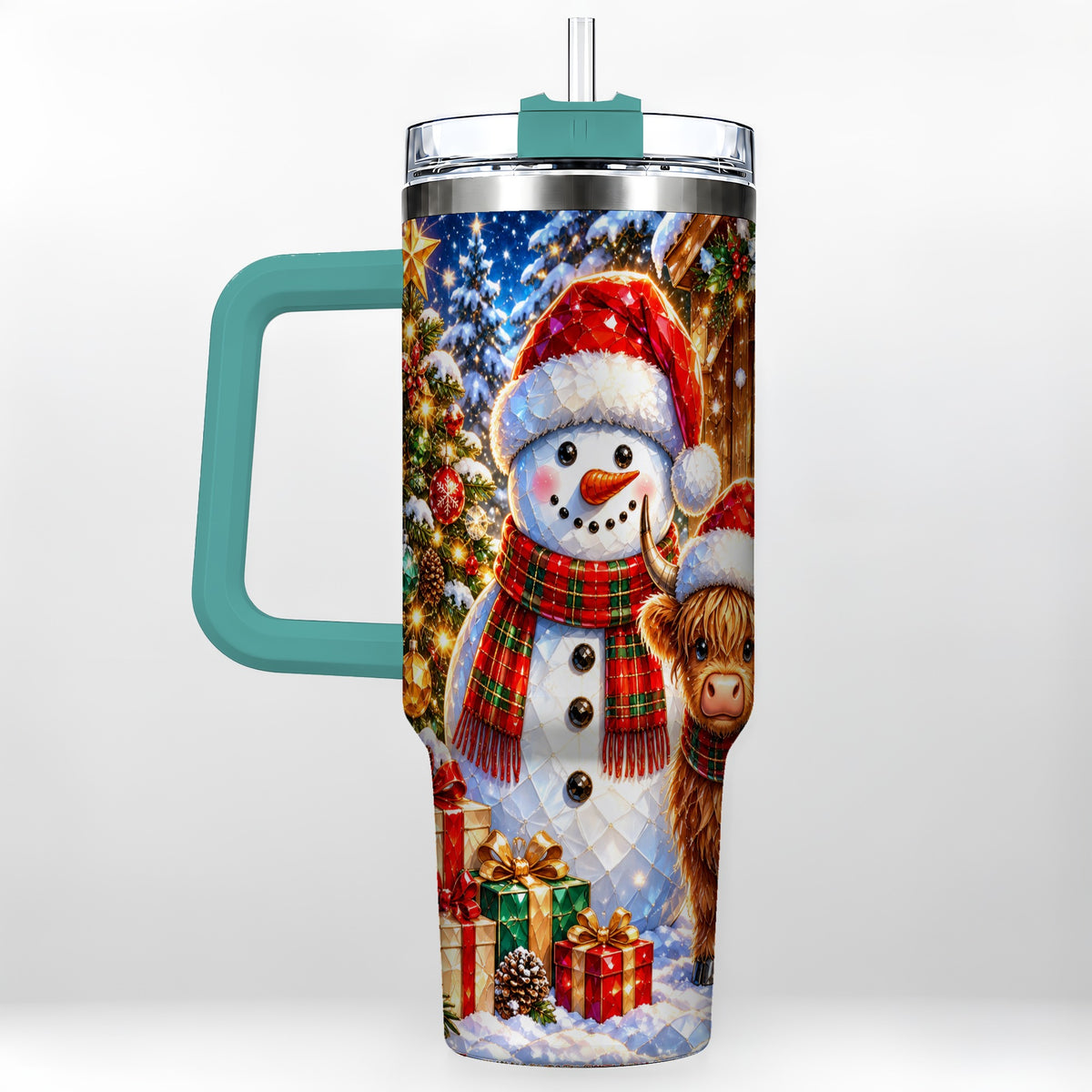 #pl[40oz|Green] Highland Cow Snowman 40oz Tumbler with Handle, Christmas Travel Cup