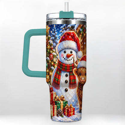 #pl[40oz|Green] Highland Cow Snowman 40oz Tumbler with Handle, Christmas Travel Cup