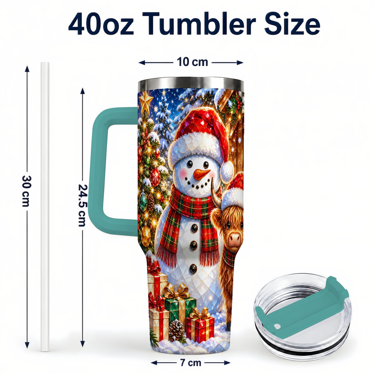 #pl[40oz|Green] Highland Cow Snowman 40oz Tumbler with Handle, Christmas Travel Cup
