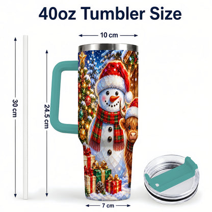 #pl[40oz|Green] Highland Cow Snowman 40oz Tumbler with Handle, Christmas Travel Cup
