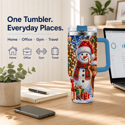 #pl[40oz|Blue] Highland Cow Snowman 40oz Tumbler with Handle, Christmas Travel Cup