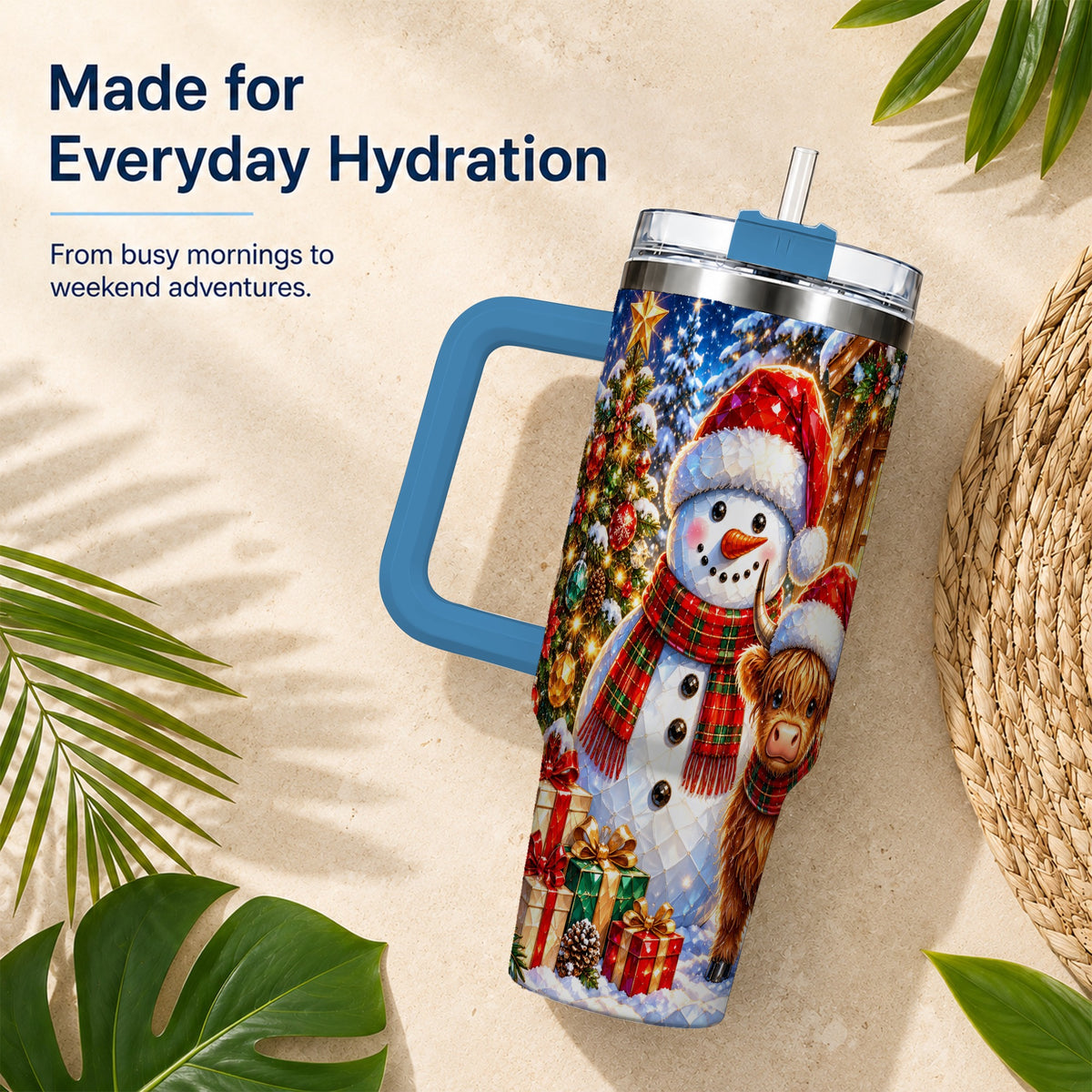 #pl[40oz|Blue] Highland Cow Snowman 40oz Tumbler with Handle, Christmas Travel Cup