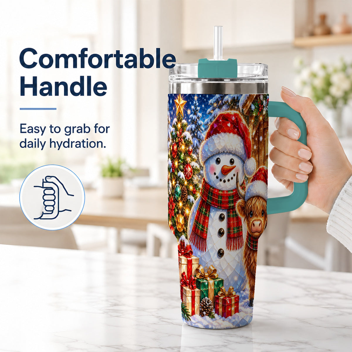 #pl[40oz|Green] Highland Cow Snowman 40oz Tumbler with Handle, Christmas Travel Cup