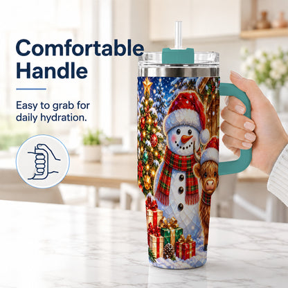 #pl[40oz|Green] Highland Cow Snowman 40oz Tumbler with Handle, Christmas Travel Cup