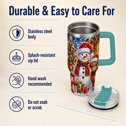 #pl[40oz|Green] Highland Cow Snowman 40oz Tumbler with Handle, Christmas Travel Cup