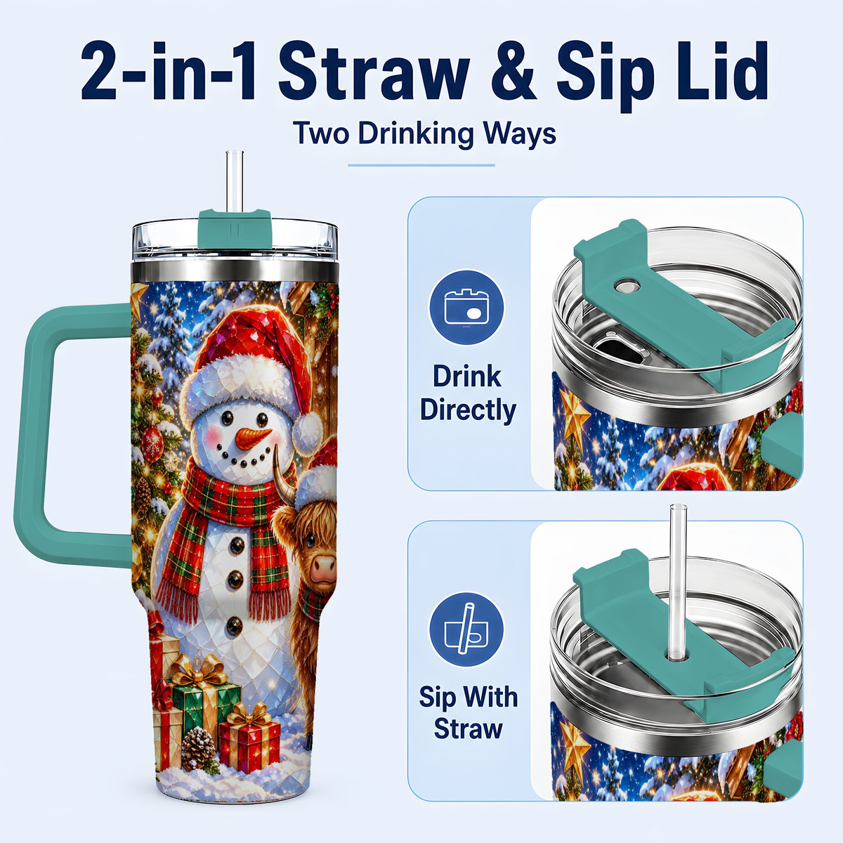 #pl[40oz|Green] Highland Cow Snowman 40oz Tumbler with Handle, Christmas Travel Cup