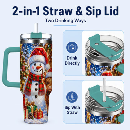 #pl[40oz|Green] Highland Cow Snowman 40oz Tumbler with Handle, Christmas Travel Cup